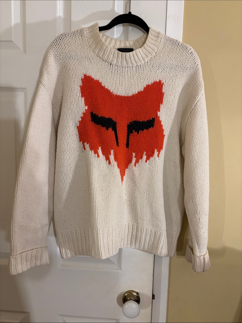 rag & bone Cream Crewneck Sweater with Red Fox Intarsia